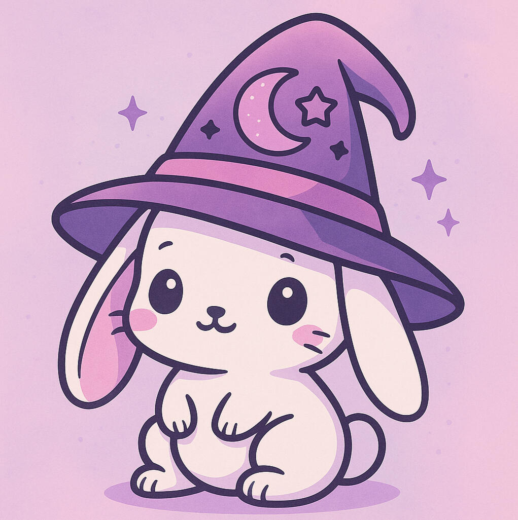 Layla the Bunny, the primary shop mascot to Femme Hextales. She's a white chibi bunny with floppy ears and a light violet hat.