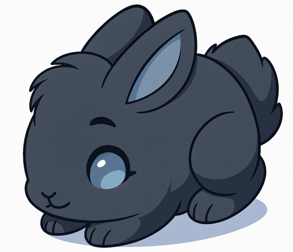 Aurrie the bunny, she's a dark gray almost black colored bunny with light indigo eyes and light indigo inside of her ears in an illustrator chibi style.